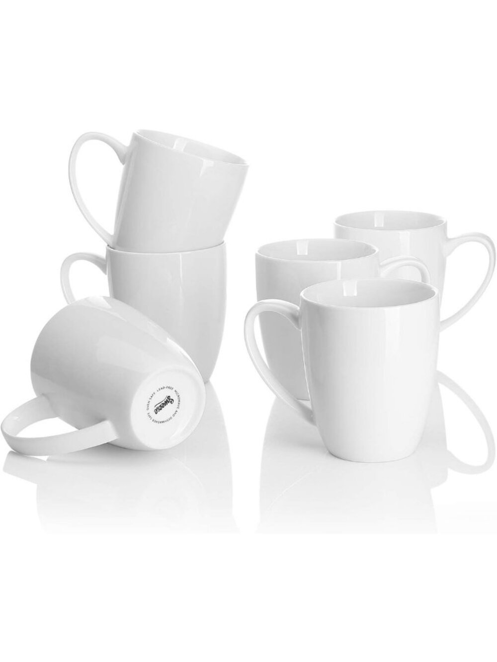 Set of 6 White Porcelain Coffee Mugs - 12oz Latte, Tea, Cappuccino Cups